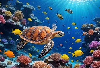 Turtle with group of colorful fish and sea animals with colorful coral underwater in ocean. Generative Ai
