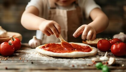 Kid spreading sauce on a homemade pizza, Kid cooking, Making favorite foods
