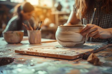 Closeup of female potter working with clay on pottery wheel - Powered by Adobe