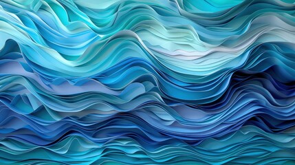 An abstract papercraft scene depicting an ocean wave, using layers of blue and turquoise paper that create a dynamic sense of movement and depth.