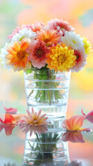 Autumn Bouquet of Dahlias in Glass Vase with Reflective Surface and Pastel Background