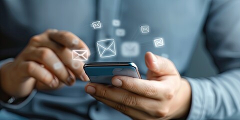 A man is holding a cell phone and is looking at the screen