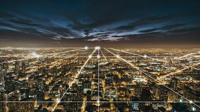 5G Network Wireless Systems and Internet of Things with Modern City Urban Skyline
