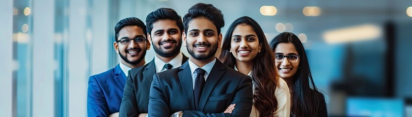 A group of indian business people in suits and ties are smiling for the camera