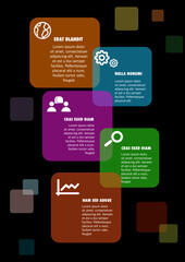 Multipurpose dark infographic template with icons and sample texts in colorful rounded square elements. Simple infograph for various purposes