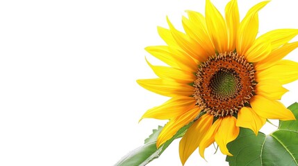 A bright yellow sunflower with green leaves on a simple white background, perfect for illustrations and designs