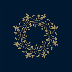 Luxury golden floral frame and logo template with silhouettes of branches, leaves and flowers. Vector elegant hand drawn elements for wedding invitation, card, logo, label, branding, save the date