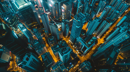 A cityscape at night with many tall buildings and a few street lights. The city is lit up and the sky is dark