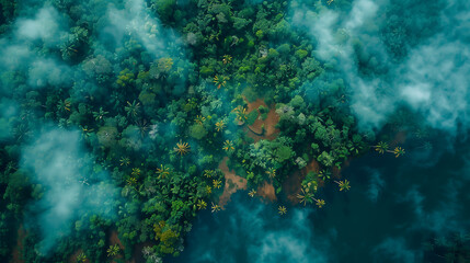 Obraz premium Aerial view of a dense jungle with fog blue water river running through the middle of the rainforest tropical forest landscape
