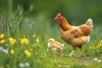 Fototapeta premium Hen and baby chick walking chicken poultry animal.