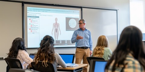 In a contemporary academic environment, a medical instructor employs digital tools to facilitate anatomy instruction, fostering interactive learning with technology in an educational setting