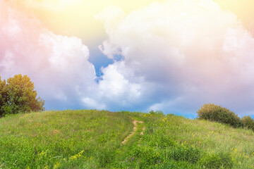 A well-trodden road up the hill. Narrow footpath in a field with grass. Empty path for hiking and walking in nature. Climbing up.