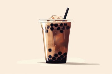 Refreshing Bubble Tea with Tapioca Pearls in Cup with Straw. Cold Boba Milk