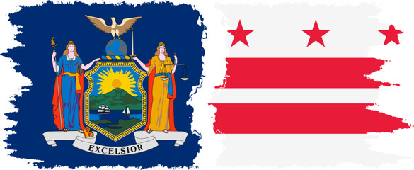 District of Columbia USA - Washington, DC and New York state grunge brush flags connection, vector