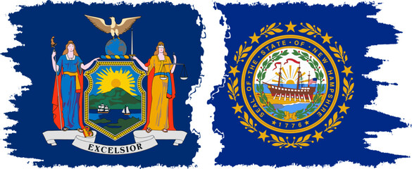 New Hampshire and New York states grunge brush flags connection, vector