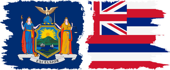 Hawaii and New York states grunge brush flags connection, vector