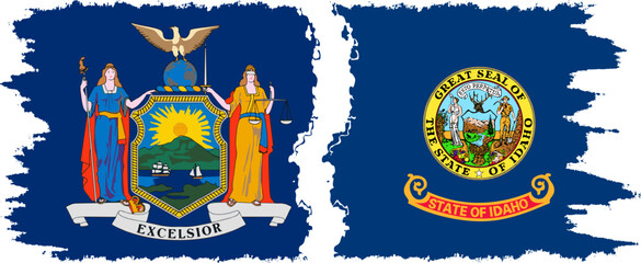 Idaho and New York states grunge brush flags connection, vector