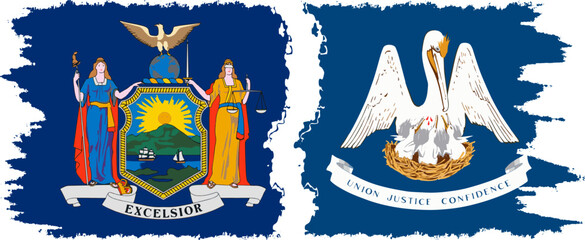 Louisiana and New York states grunge brush flags connection, vector