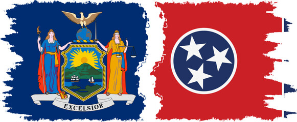 Tennessee and New York states grunge brush flags connection, vector