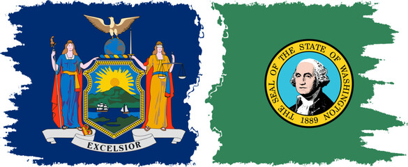 Washington and New York states grunge brush flags connection, vector