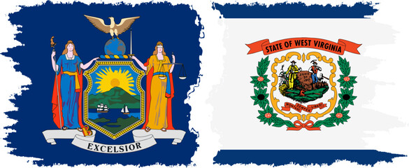 West Virginia and New York states grunge brush flags connection, vector