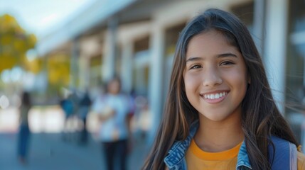 A happy young girl with a backpack smiling directly at the camera