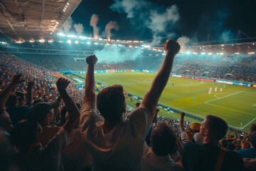 Fans at a World soccer event cheer for players in the stadium