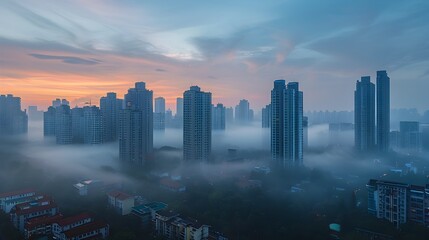 Fototapeta premium Serene Urban Landscape at Dawn with Fog Shrouded Skyline of Towering Skyscrapers