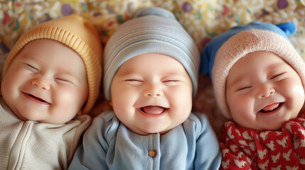 Two babies are smiling and laughing at the camera. They are wearing hats and are wearing yellow jackets