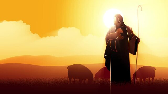 Jesus holding a lamb, embodying His role as the Good Shepherd. Ideal for religious content and church materials, this motion graphic symbolizes care, compassion, and spiritual guidance