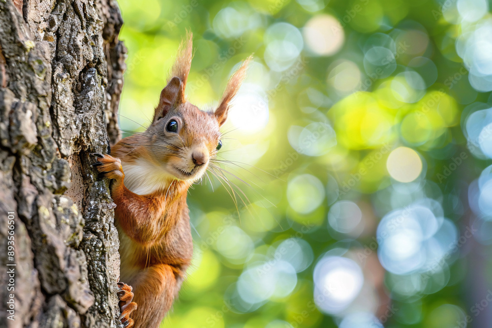 Wall mural a squirrel peeking from behind a tree trunk with a blurred background of green foliage and sunlight