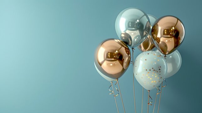 Elegant balloon arrangement, gold, silver, and white balloons, light blue background, festive celebration theme, metallic sheen, floating balloons, party decoration.