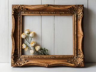 A wooden picture frame adorned with fresh flowers.
