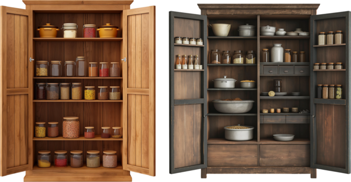 kitchen cabinet with shelves isolated on white background