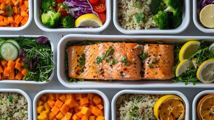 Healthy meal prep in white plastic containers, grilled salmon, mixed vegetables, quinoa, salad greens, colorful food assortment, balanced diet, portion control.