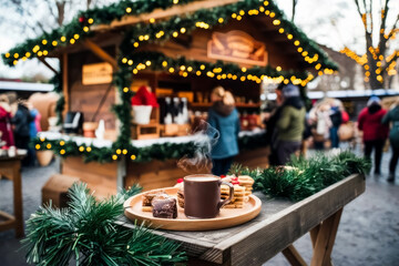 Hot Cocoa Stand. A cozy outdoor hot cocoa stand decorated with Christmas lights and garlands, offering warm drinks and treats to passersby, perfect for holiday markets and events. Cozy Christmas Fair