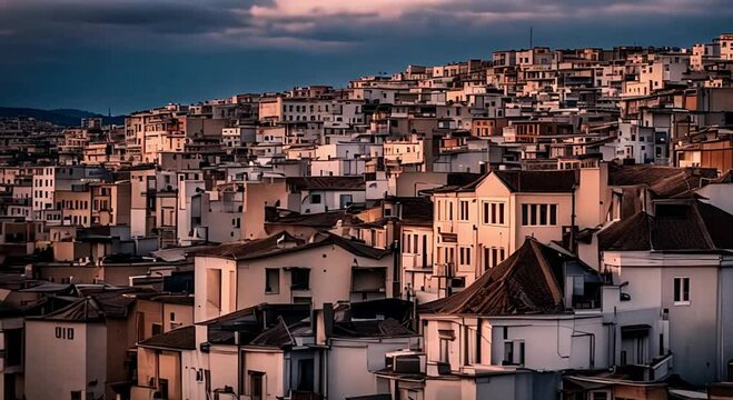 Show a city at twilight, with the sky heavy with clouds and the streets empty. The buildings are detailed with Zentangle patterns, softly lit by a mysterious, sad light.