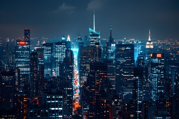 Obraz premium Illuminated Nighttime Cityscape with Skyscrapers and Busy Streets Showcasing the Vibrant Energy of the City