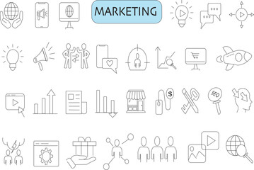 Digital marketing icons set. Content, search, marketing, ecommerce, seo, electronic devices, internet, analysis, social and more line icon.