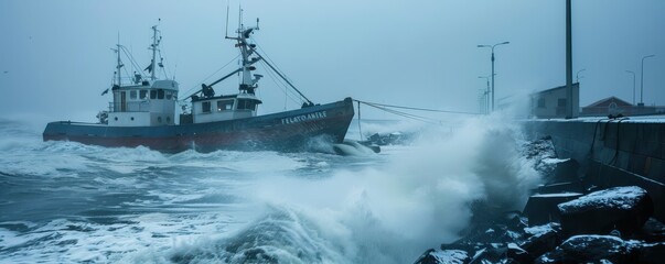 Fototapeta premium Fishing boat rocking violently at dock during hurricane.