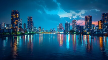 Fototapeta premium Stunning Nighttime City Skyline with Tall Buildings Reflecting on Calm River