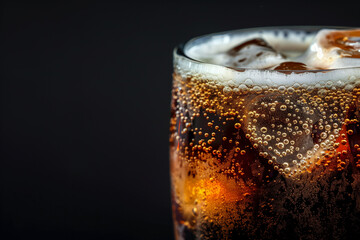Closeup of cola with ice cubes in drinkware on black background