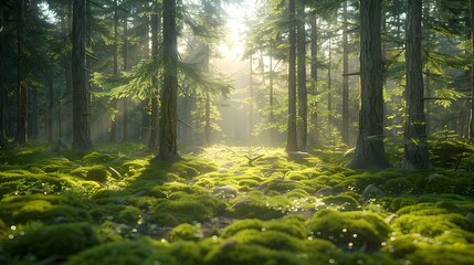 Obraz premium Sunlit pine forest, tall straight tree trunks, lush green moss carpet, dappled sunlight, soft ethereal glow, mist, depth, peaceful woodland scene, golden hour.