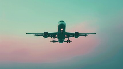 Fototapeta premium An airplane speeds towards a vacation destination, outlined against a dusk sky of pastel mint and blush, offering a hint of the tropical paradise ahead.