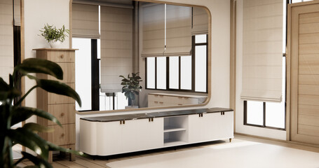 Cabinet on empty room with decoration ,lamp, plants, carpet