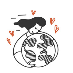 hand drawn doodle woman hug earth with love sign