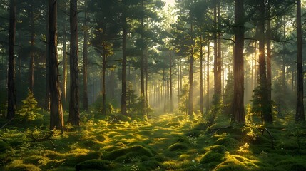 Obraz premium Sunlit pine forest, tall straight tree trunks, lush green moss carpet, dappled sunlight, soft ethereal glow, mist, depth, peaceful woodland scene, golden hour.