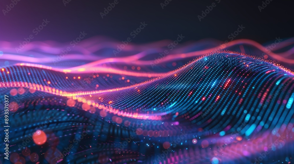 Poster 3d rendering of futuristic dots pattern on dark background. colored music wave. big data digital cod
