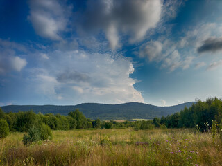 The landscape of Carpathian Mountains in the cloudy weather. Perfect weather condition in the summer season