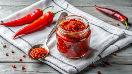 Vibrant red spicy harissa condiment in a glass jar on a crumpled white napkin, accompanied by a single fiery red chili pepper and a small spoon.